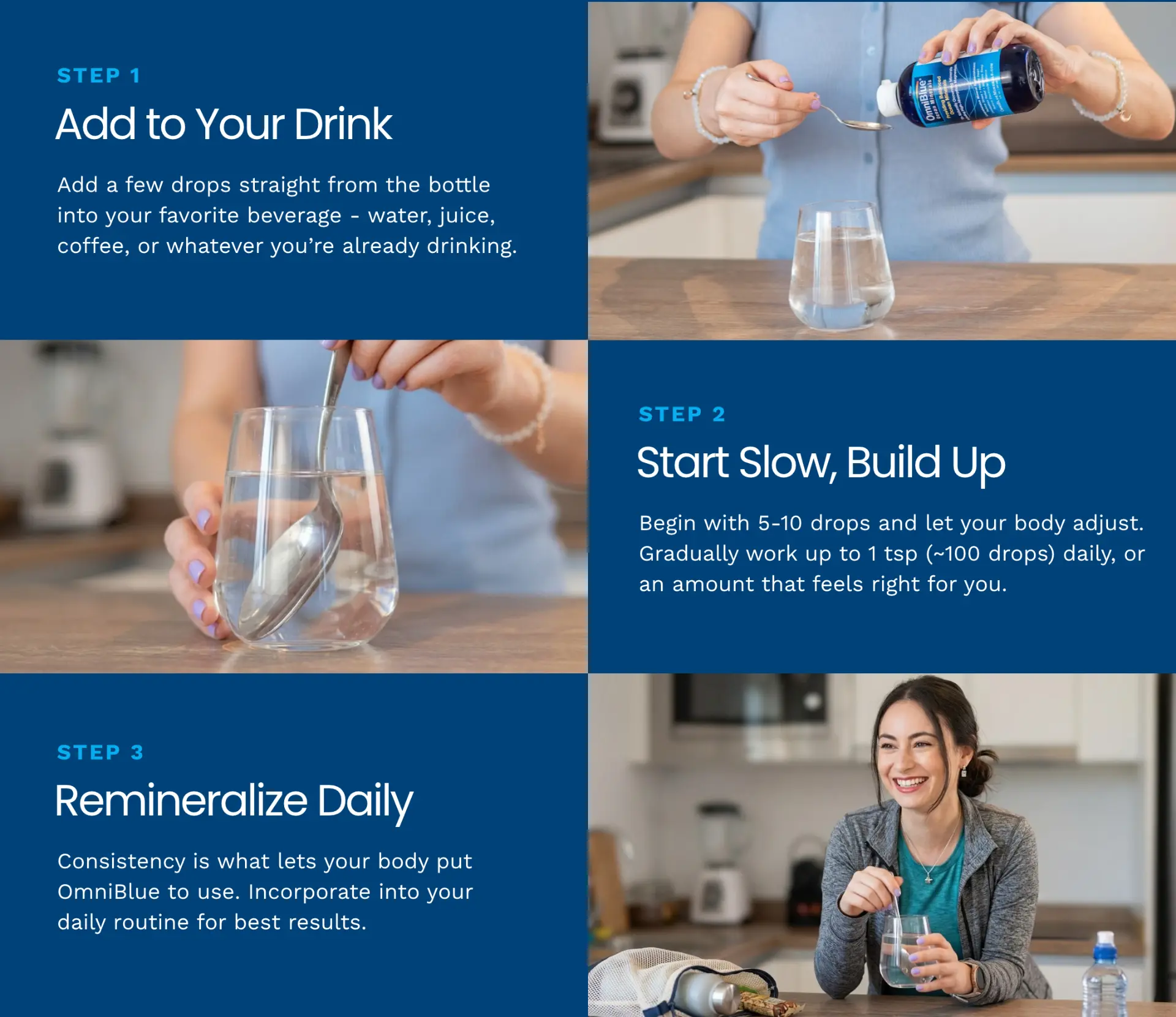 How to use OmniBlue: add your serving to a drink, start slow and build up, then remineralize daily